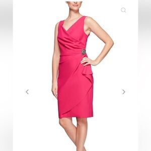 Alex Evening short cocktail dress w/ ruffle skirt & beaded detail. Fushia flaws